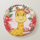 De eerste kerstGiraffe van de baby Poinsettia Wrea Rond Kussen (Achterkant)