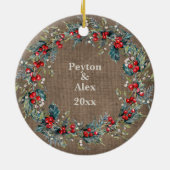 De eerste Kerstkerst bracht de Rustic Burlap-foto  Keramisch Ornament (Achterkant)