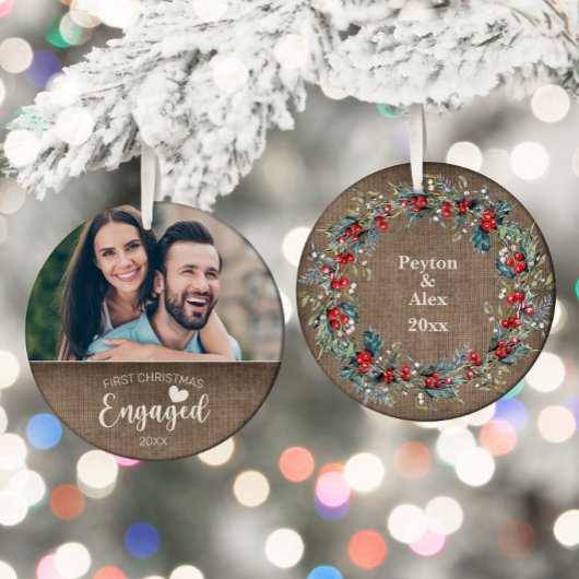 De eerste Kerstkerst bracht de Rustic Burlap-foto  Keramisch Ornament