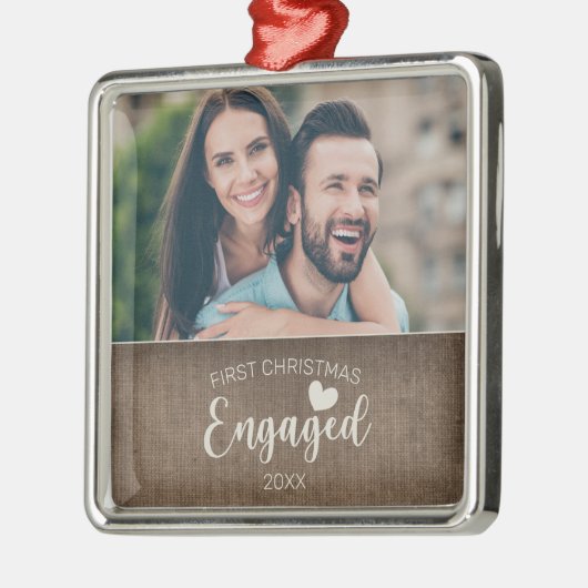 De eerste Kerstkerst bracht de Rustic Burlap-foto  Metalen Ornament (Links)