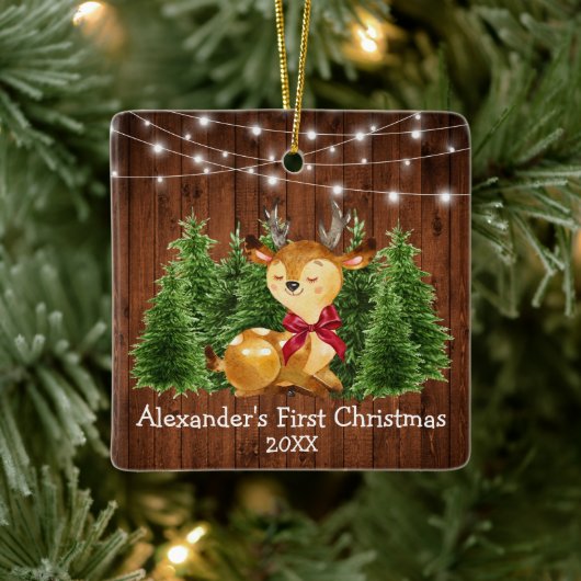 De eerste kerstlampjes van baby Deer Red Bow Keramisch Ornament (Boom)