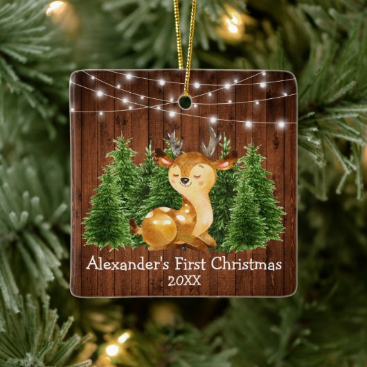 De eerste kerstlampjes Waterverf Deer Keramisch Ornament (Boom)