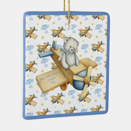 De eerste Kerstmis van baby personaliseert Blauwe  Keramisch Ornament (Rechts)