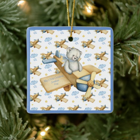 De eerste Kerstmis van baby personaliseert Blauwe  Keramisch Ornament (Boom)