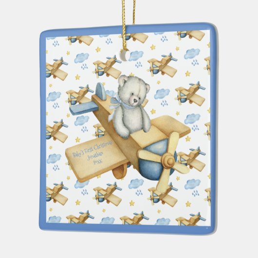 De eerste Kerstmis van baby personaliseert Blauwe  Keramisch Ornament (Links)