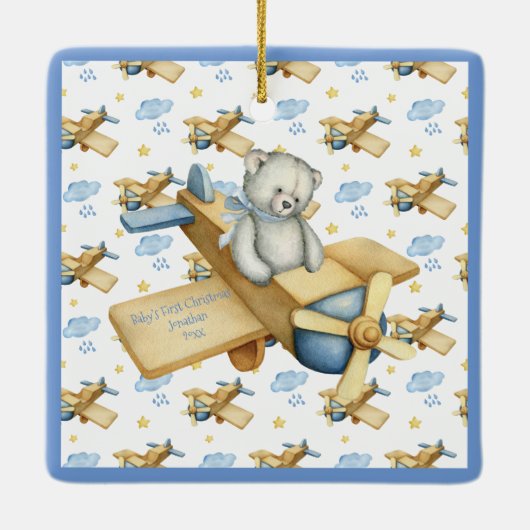 De eerste Kerstmis van baby personaliseert Blauwe  Keramisch Ornament (Achterkant)