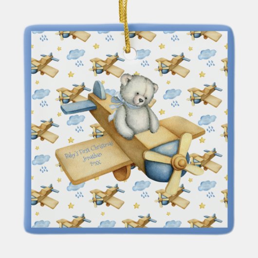 De eerste Kerstmis van baby personaliseert Blauwe Keramisch Ornament (Voorkant)