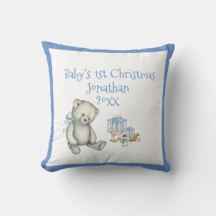 De eerste Kerstmis van baby personaliseert Blauwe Kussen