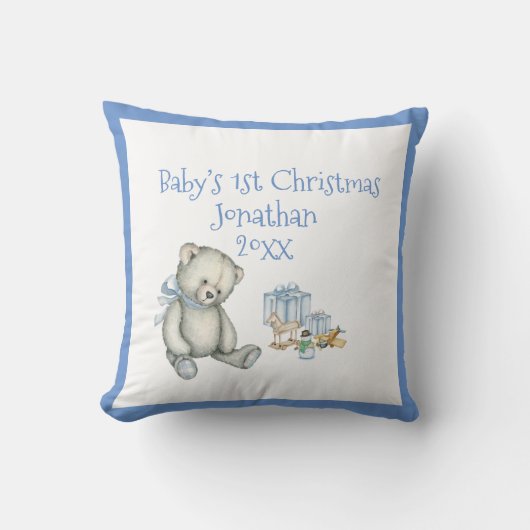De eerste Kerstmis van baby personaliseert Blauwe  Kussen (Voorkant)