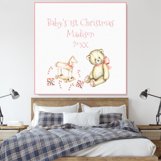 De eerste Kerstmis van baby personaliseert de Roze Canvas Afdruk (Insitu (Slaapkamer))