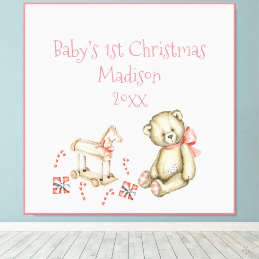 De eerste Kerstmis van baby personaliseert de Roze Canvas Afdruk (Insitu (Houten vloer))