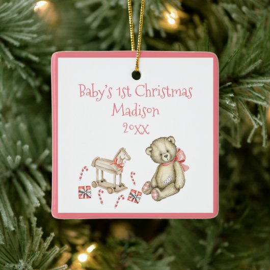 De eerste Kerstmis van baby personaliseert de Roze Keramisch Ornament (Boom)