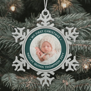 De eerste Kerstmis van de baby Moderne Foto Groen  Tin Sneeuwvlok Ornament