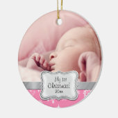 De eerste Kerstmis van de baby.  Roze en witte sne Keramisch Ornament (Links)