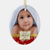 De eerste Kerstmis van de baby. Witte en rode snee Keramisch Ornament (Rechts)