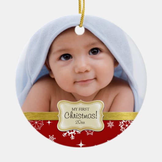 De eerste Kerstmis van de baby. Witte en rode snee Keramisch Ornament (Voorkant)