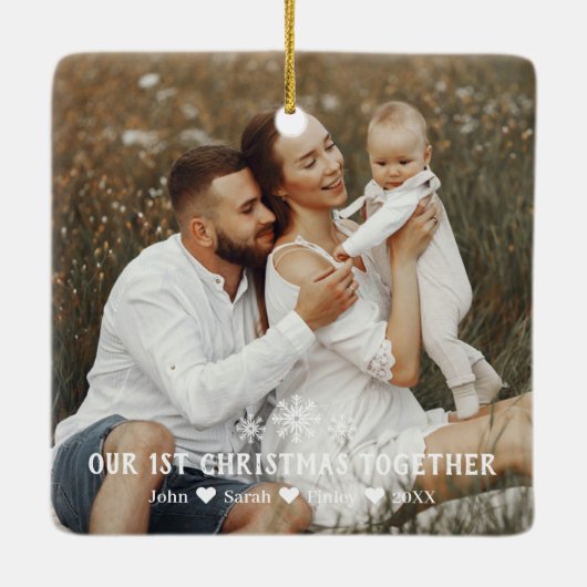 De eerste Kerstmis van de familie samen met Snowfl Keramisch Ornament (Achterkant)