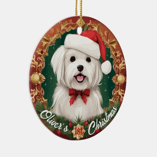 De eerste Kerstmis van de Maltese Hond Keramisch Ornament (Rechts)