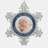 De eerste kerstmis van de moderne fotoserie Blue W Tin Sneeuwvlok Ornament (Voorkant)