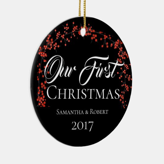 De eerste Kerstmis van paren met de NaamDatum Keramisch Ornament (Rechts)