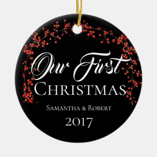 De eerste Kerstmis van paren met de NaamDatum Keramisch Ornament (Voorkant)