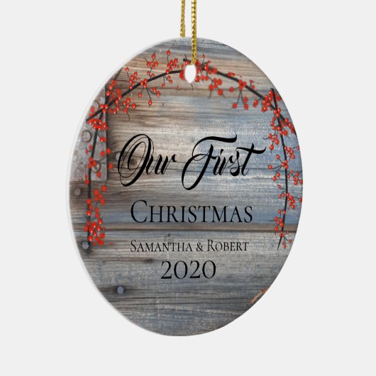 De eerste Kerstmis van paren met de NaamDatum Rust Keramisch Ornament (Rechts)