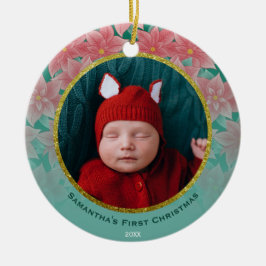De eerste Kerstmis van Red & Green Poinsettia Baby Keramisch Ornament