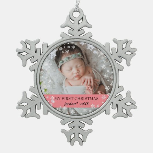De eerste kerstperiode van baby's tin sneeuwvlok ornament (Voorkant)