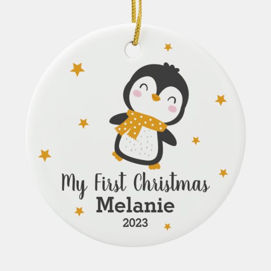 De eerste kerstperiode van de pinguïn baby op witt keramisch ornament (Voorkant)