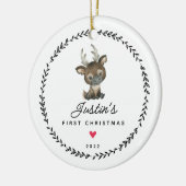 De eerste kerstrenrendiertje voor baby's keramisch ornament (Links)