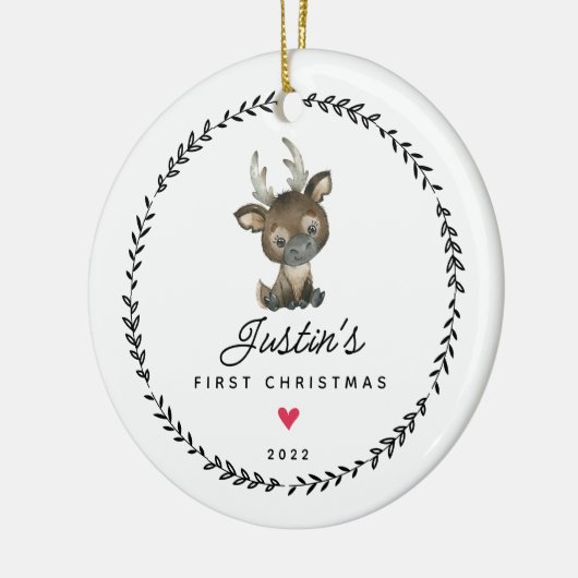 De eerste kerstrenrendiertje voor baby's keramisch ornament (Links)