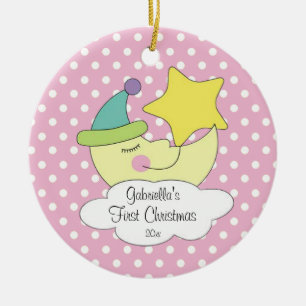 De eerste kerstsierroze maan voor baby's keramisch ornament