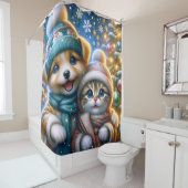 De eerste kerstsneeuwval van puppy en kitten douchegordijn (In situ)