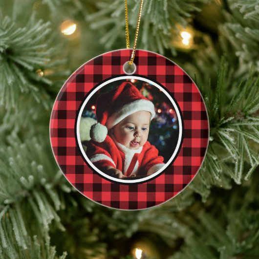 De eerste kerstviering van baby's Rood en Zwarte B Keramisch Ornament (Boom)