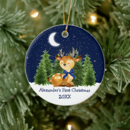 De eerste kerstWaterverf van baby Deer Blue Bow Keramisch Ornament