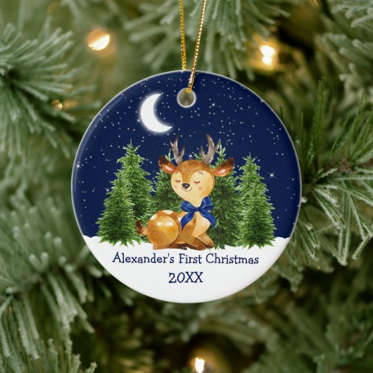 De eerste kerstWaterverf van baby Deer Blue Bow Keramisch Ornament (Boom)