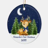 De eerste kerstWaterverf van baby Deer Blue Bow Keramisch Ornament (Links)