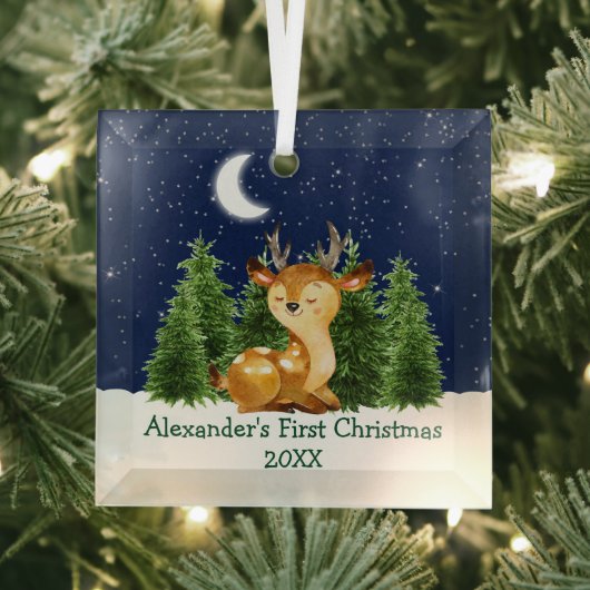 De eerste kerstWaterverf van baby Deer Forest Sky Glas Ornament (Insitu)