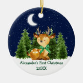 De eerste kerstWaterverf van baby Deer Green Bow Keramisch Ornament (Voorkant)