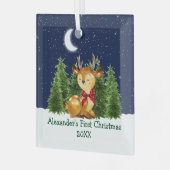 De eerste kerstWaterverf van baby Deer Red Bow Glas Ornament (Voorkant links)