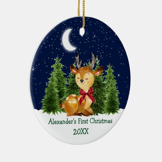 De eerste kerstWaterverf van baby Deer Red Bow Keramisch Ornament (Rechts)