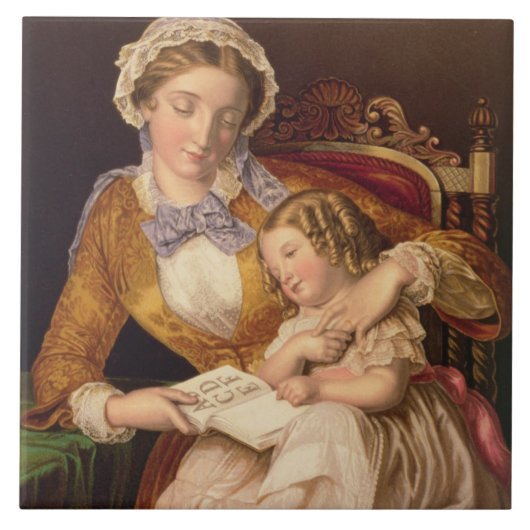 De eerste les, pub. van Baxter, 1855 (druk) Tegeltje (Voorkant)