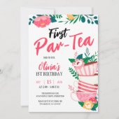 De eerste Par-Tea! Roze Bloemen Tea Party Verjaard Kaart (Voorkant)