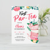 De eerste Par-Tea! Roze Bloemen Tea Party Verjaard Kaart (Staand voorkant)