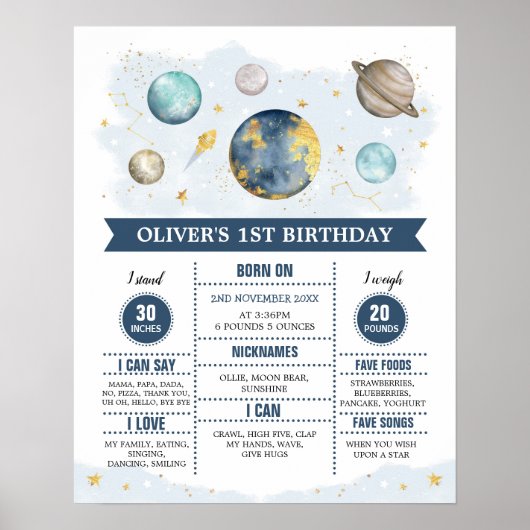 De eerste reis rond de Sun Navy Boy Birthday Stats Poster (Voorkant)