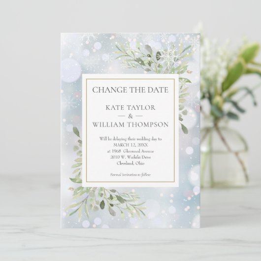 De eerste Snowflakes veranderen de Datum Greenery Save The Date (Staand voorkant)