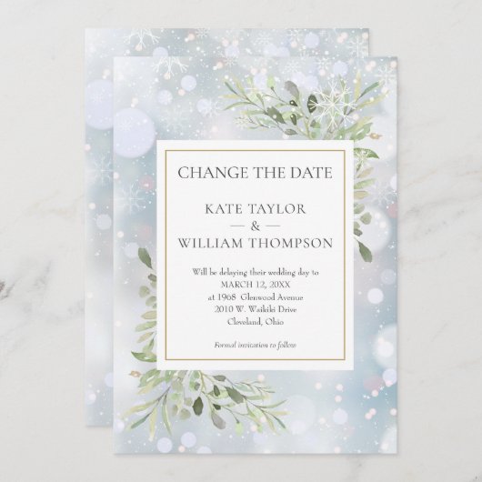 De eerste Snowflakes veranderen de Datum Greenery  Save The Date (Voorkant / Achterkant)