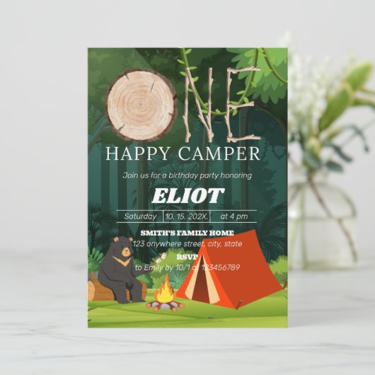 De eerste verjaardag van een Happy Camper Boy Kaart (Staand voorkant)