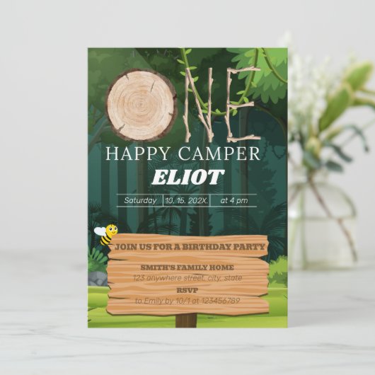 De eerste verjaardag van een Happy Camper Boy Kaart (Staand voorkant)