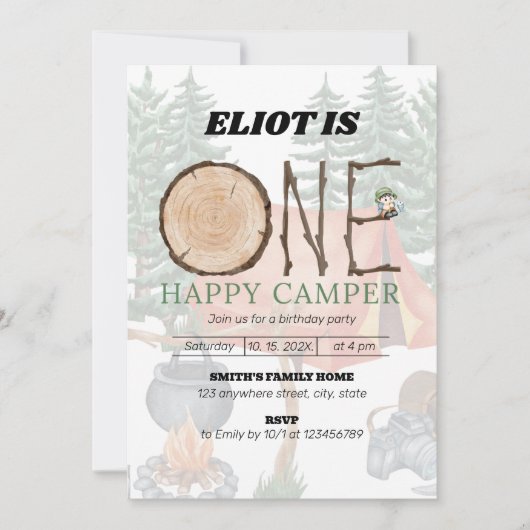 De eerste verjaardag van een Happy Camper Boy Kaart (Voorkant)